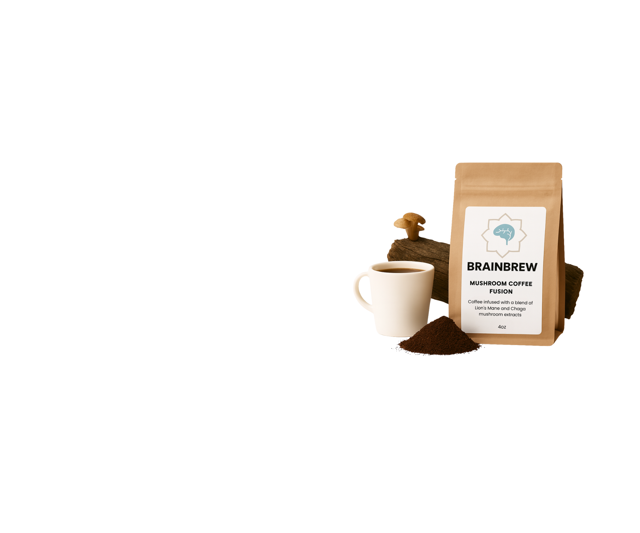 A 16oz bag of Somadee's BrainBrew next to a coffee mug, coffee grounds, and a log with mushrooms growing on it